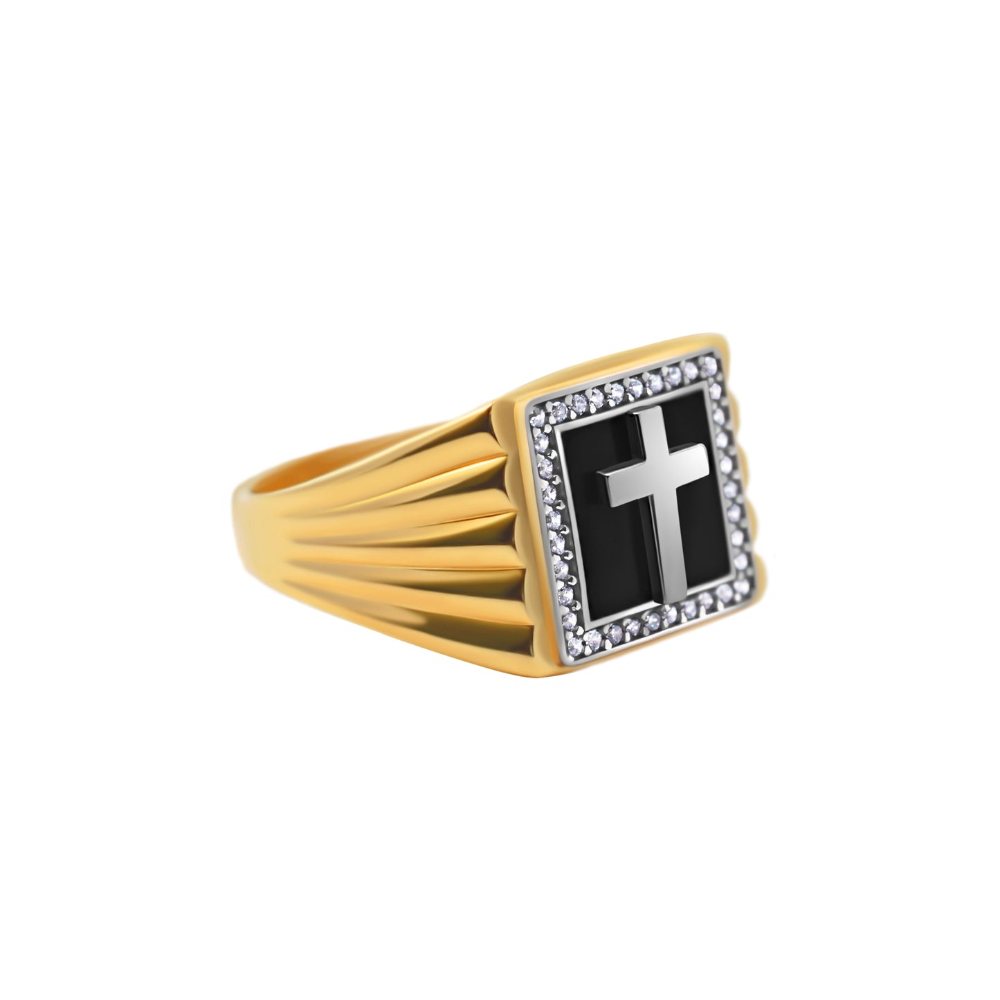 White Gold Cross over Black Stone Ring