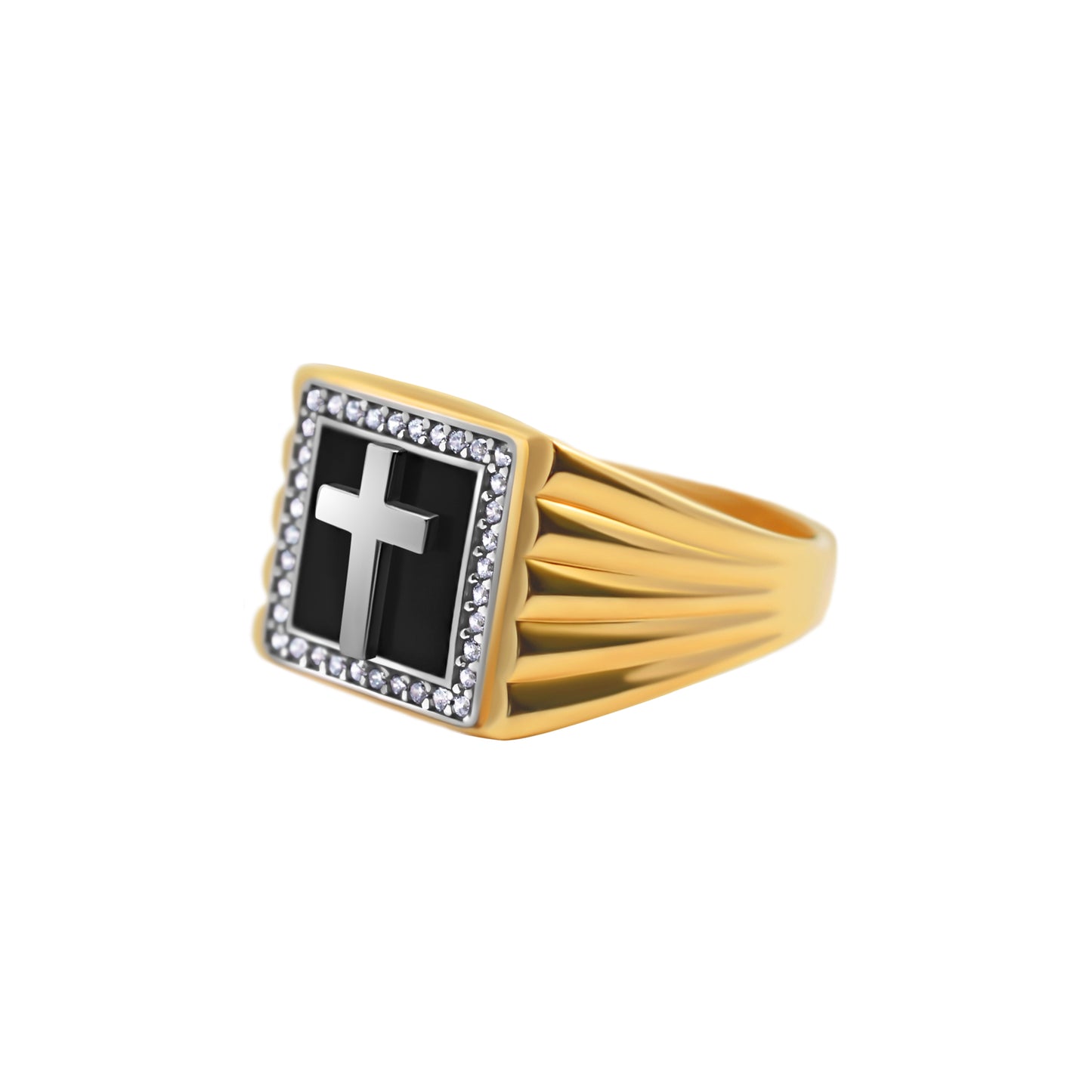 White Gold Cross over Black Stone Ring