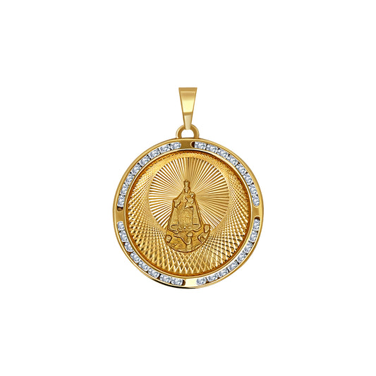 Gold Virgen de la Caridad Medallion Pendant with Sparkling Stones