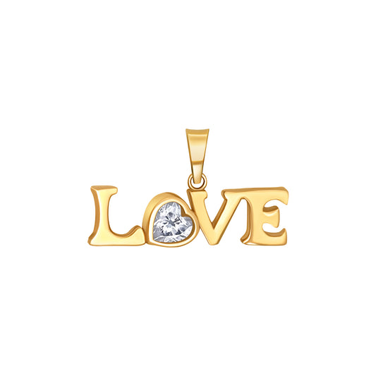 Gold "LOVE" Pendant with Sparkling Heart Stone