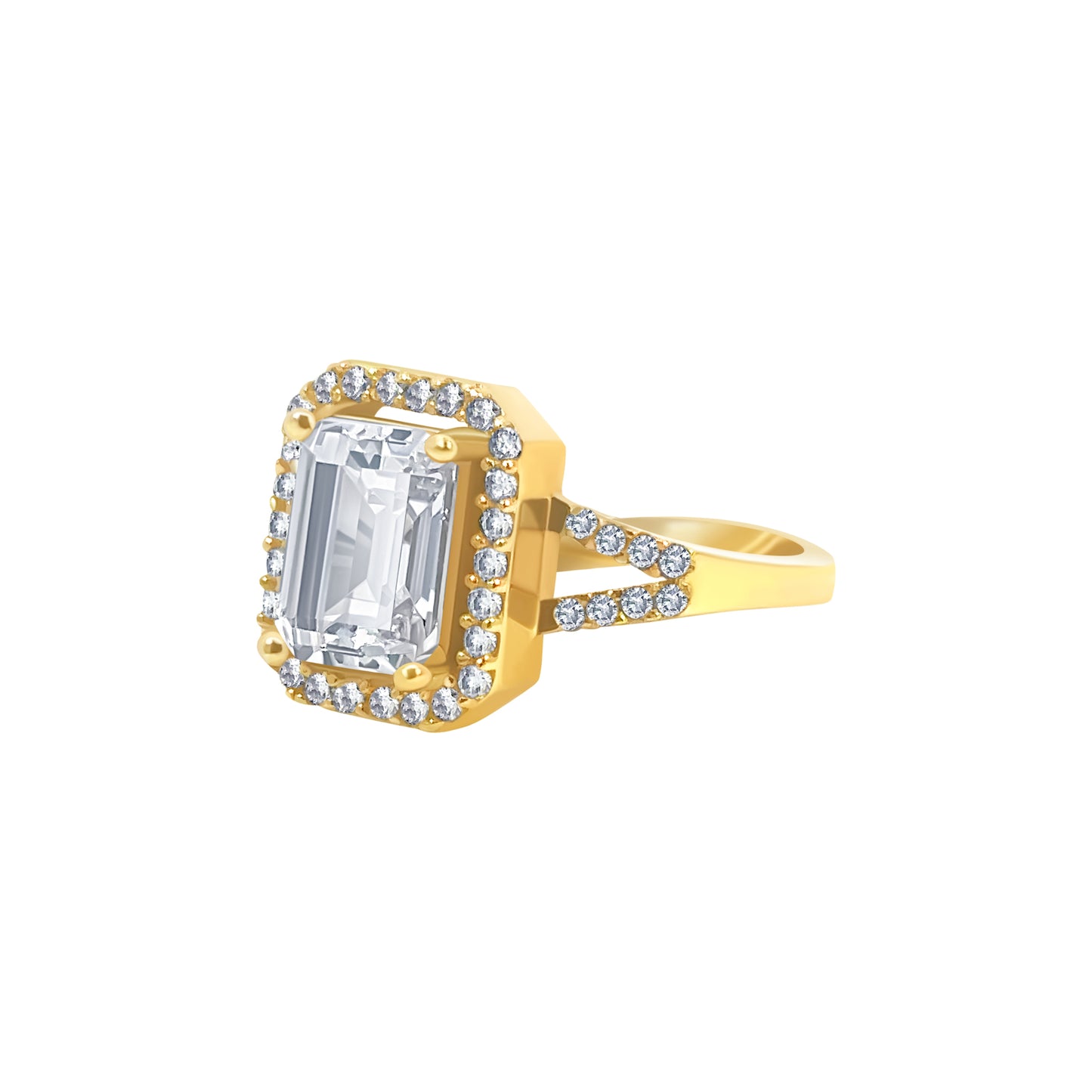 Gold Emerald-Cut Stone Halo Ring