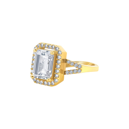 Gold Emerald-Cut Stone Halo Ring