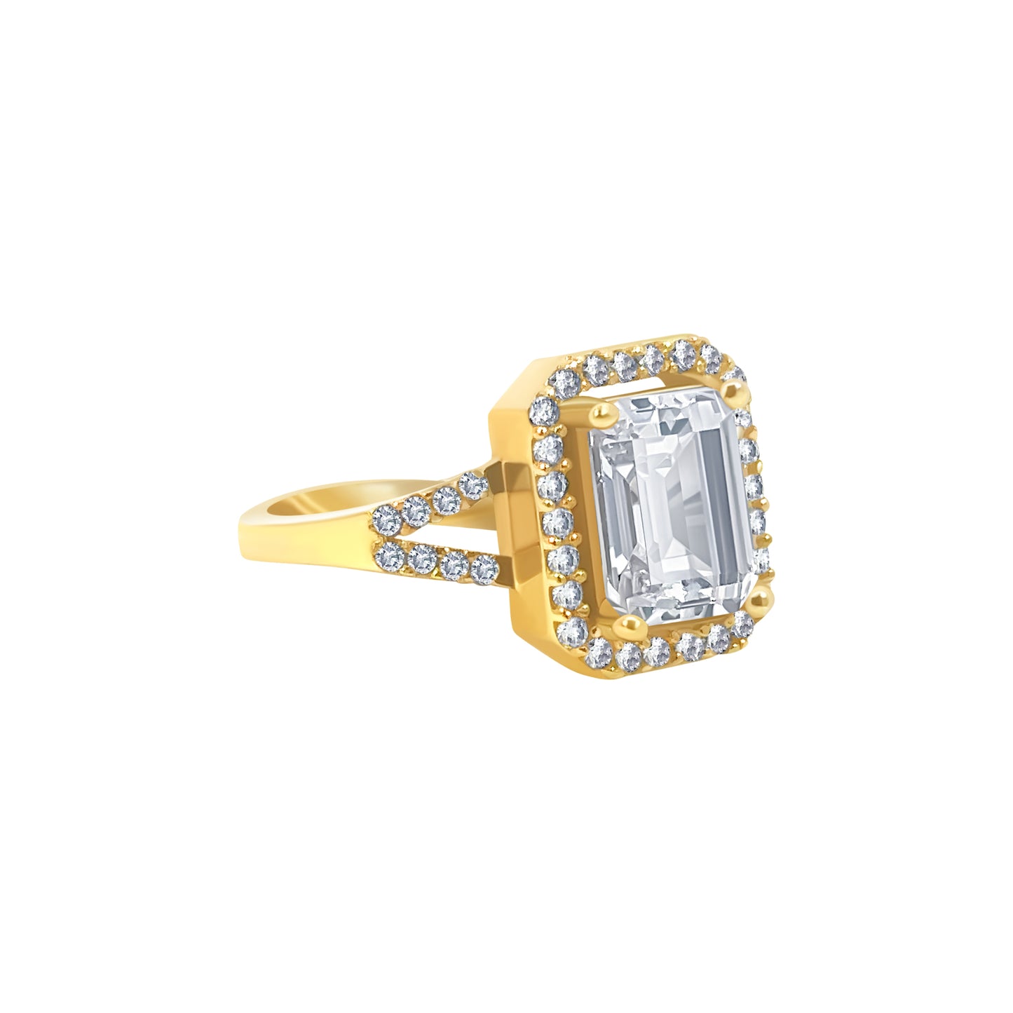 Gold Emerald-Cut Stone Halo Ring