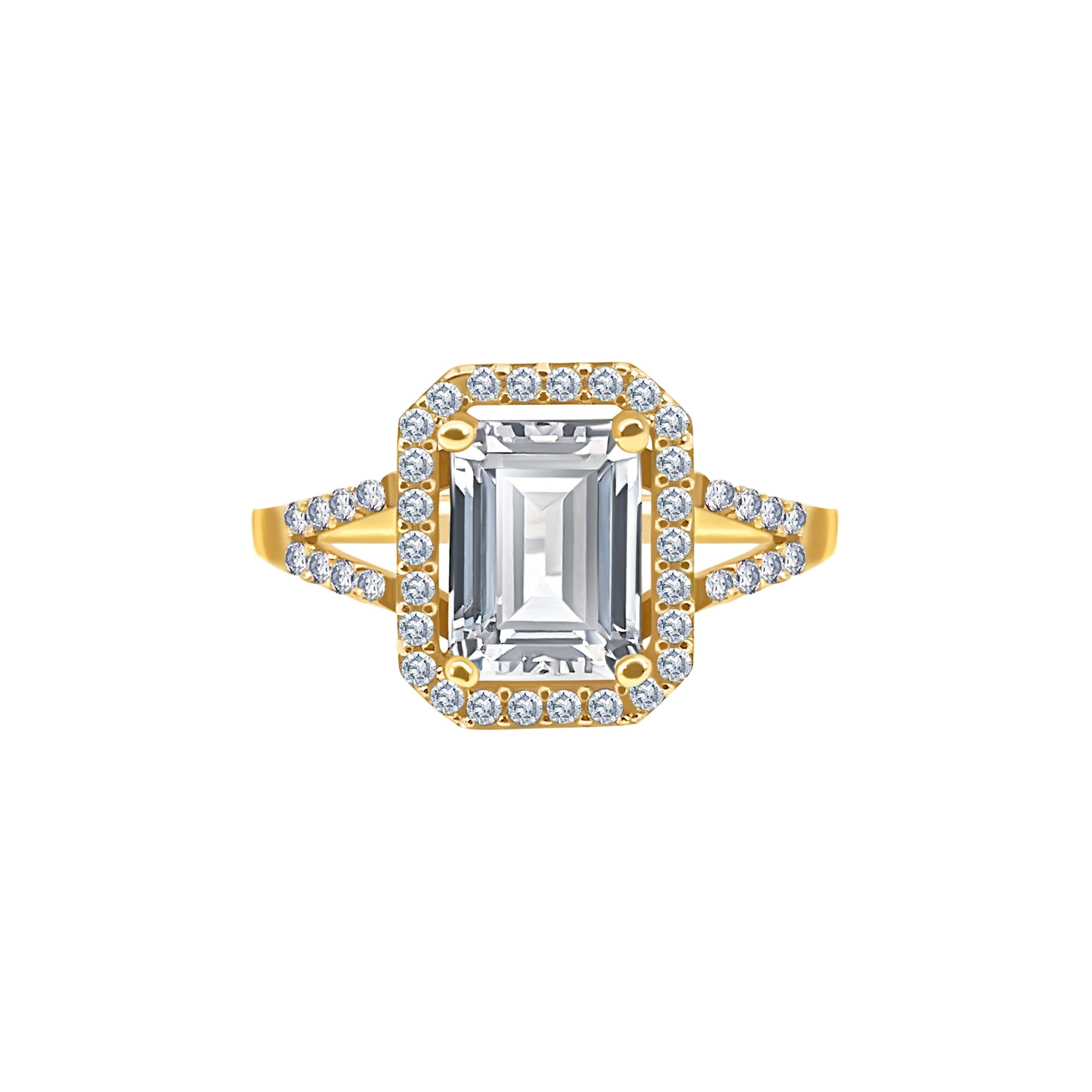 Gold Emerald-Cut Stone Halo Ring