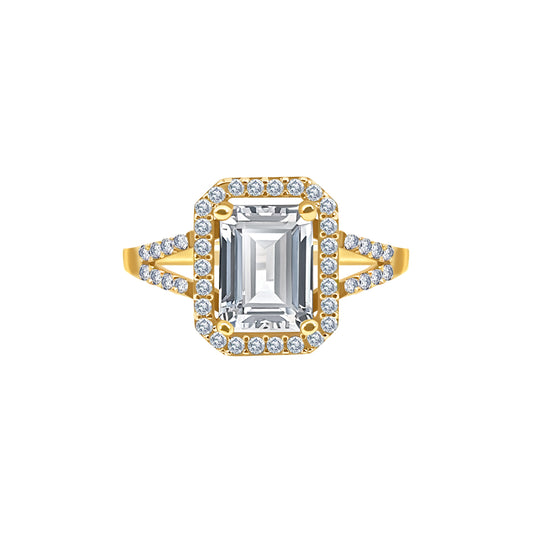 Gold Emerald-Cut Stone Halo Ring