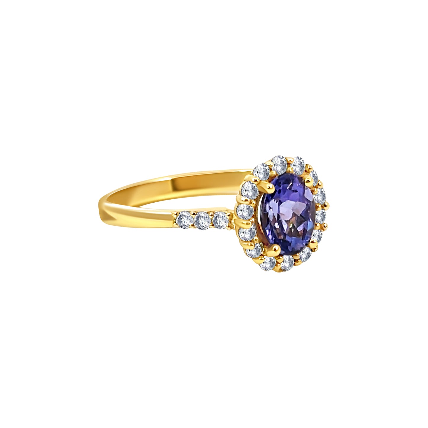 Gold Oval-Cut Purple Stone Halo Ring