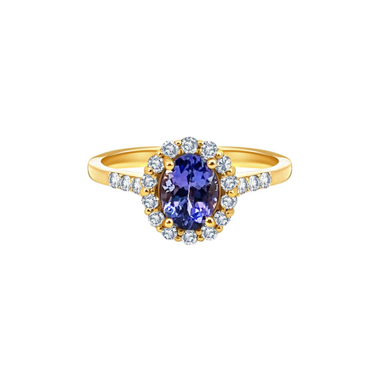 Gold Oval-Cut Purple Stone Halo Ring