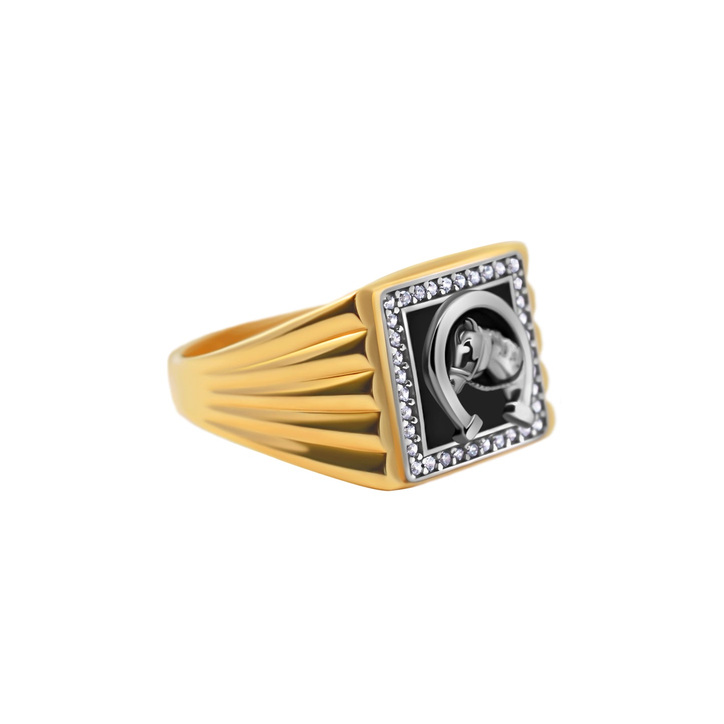 White Horse With Horse Shoe Black Stone Ring