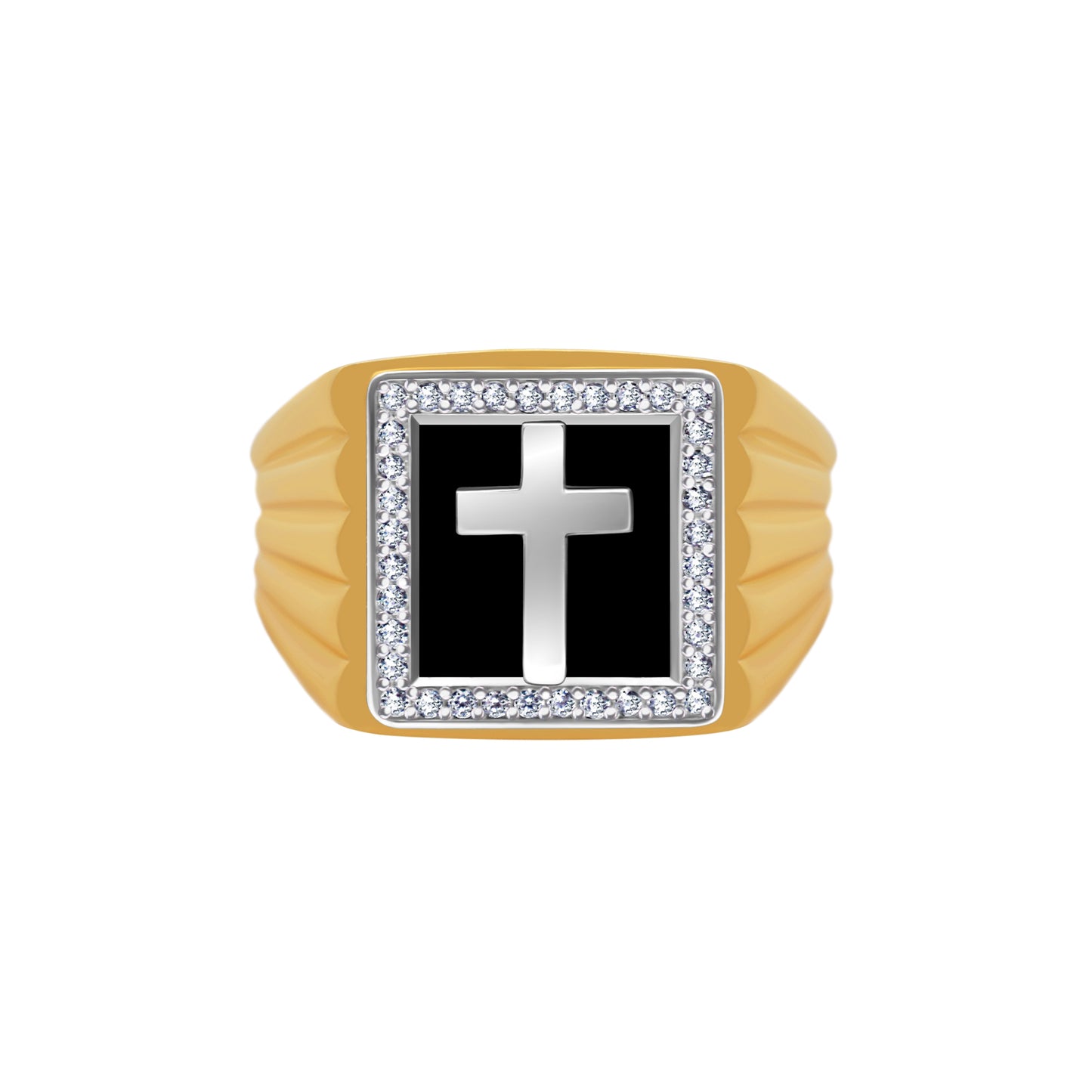 White Gold Cross over Black Stone Ring